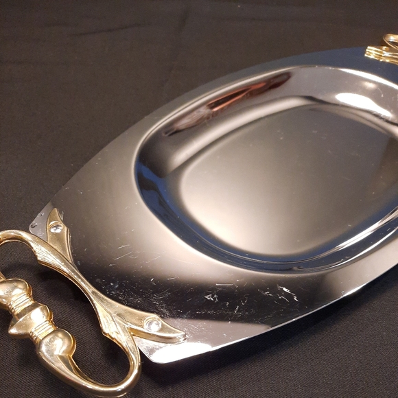 Vintage Kromex Chrome Serving Tray with Gold Tone Handle & Removable Glass  Dish - Picture 6 of 12